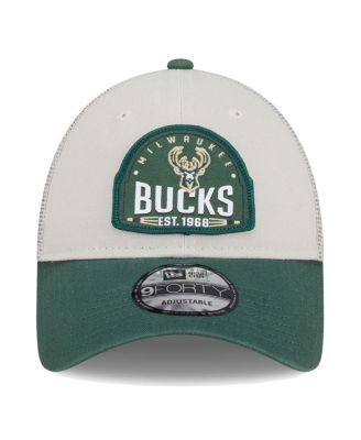 Men's Khaki/Hunter Green Milwaukee Bucks Throwback Patch Trucker 9Forty Adjustable Hat