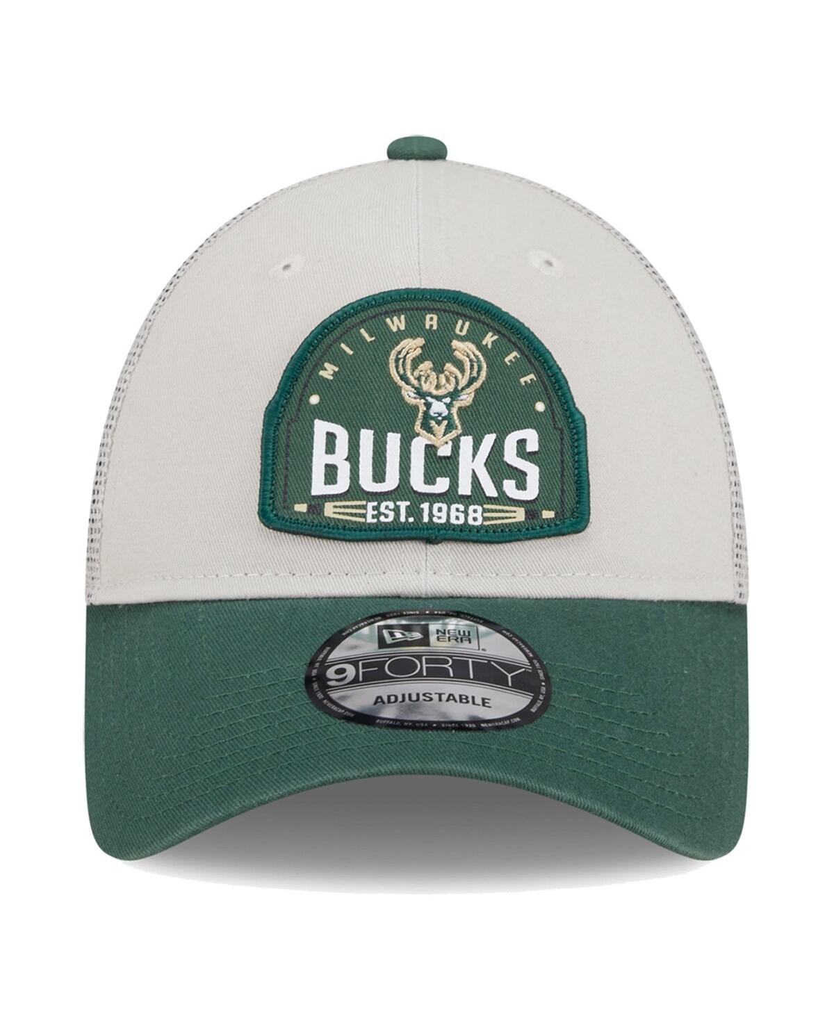 Shop New Era Men's Khaki/hunter Green Milwaukee Bucks Throwback Patch Trucker 9forty Adjustable Hat In Khaki Hunt