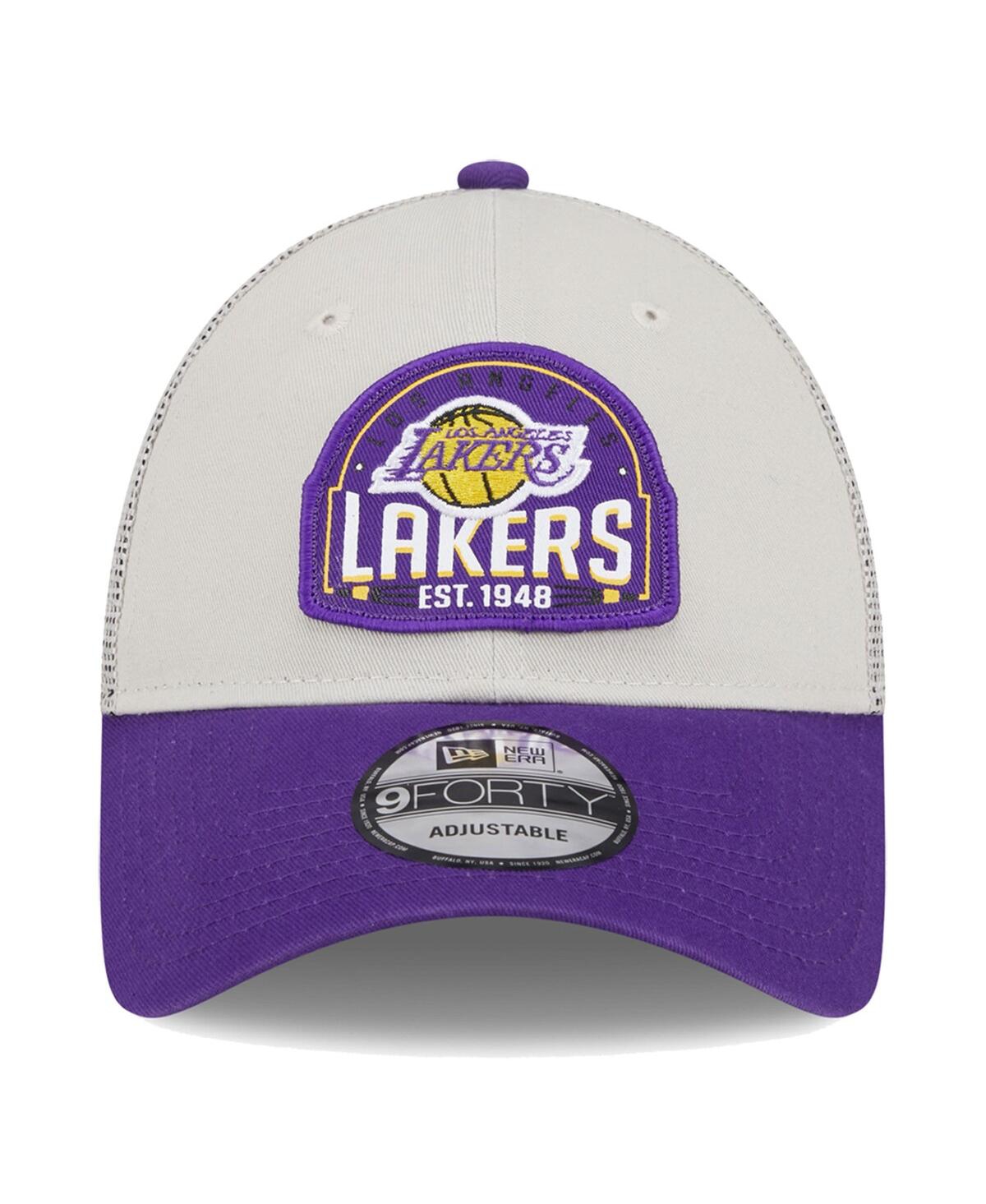 New Era Men's Khaki/purple Los Angeles Lakers Throwback Patch Trucker 9forty Adjustable Hat In Khaki Purp