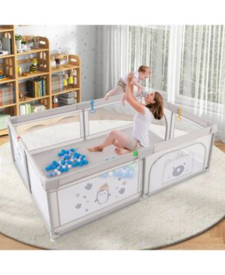 Toddler Large Baby Playpen with Pull Rings Ocean Balls and Cute Pattern-Penguin