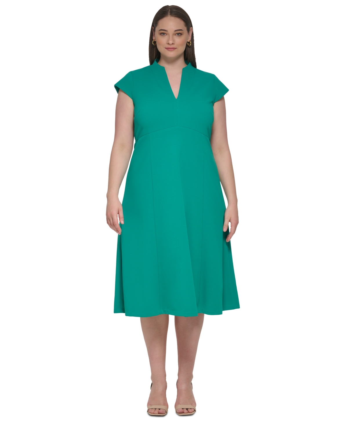 Calvin Klein Plus Size V-neck Short-sleeve A-line Dress In Jungle