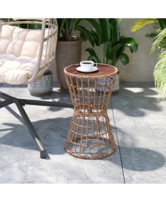 Ari Three Piece All-Weather Rattan Rope Patio Set With Acacia Wood Top Side Table And Two Chairs With Cushions