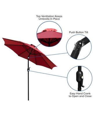 Hampstead Five Piece Faux Teak Patio Dining Set Includes Table, Two Club Chairs, 9' Patio Umbrella And Base