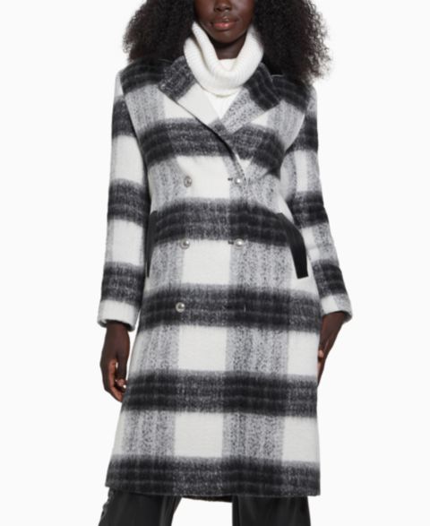 Женские куртки GUESS Women's Double-Breasted Mid-Length Plaid Coat