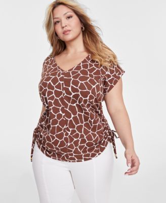 I.N.C. International Concepts - Plus Size Animal-Print Ruched Side-Tie V-Neck Blouse