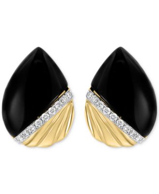 EFFY&reg; Onyx & Diamond (1/10 ct. t.w.) Pear-Shaped Ridged Stud Earrings in 14k Gold