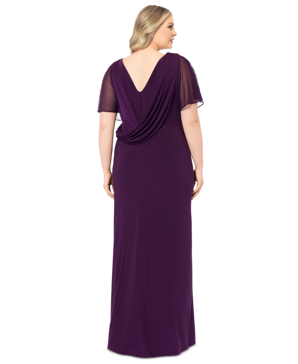 Shop Betsy & Adam Plus Size Draped-back Flutter-sleeve Gown In Plum