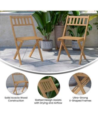 Stora Set Of 2 Solid Acacia Wood Armless Folding Patio Bistro Chairs With Slatted Backs And Seats