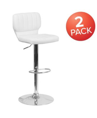 Set Of Two Swivel Bar Stools With Vertical Stitched Back And Adjustable Chrome Base With Footrest