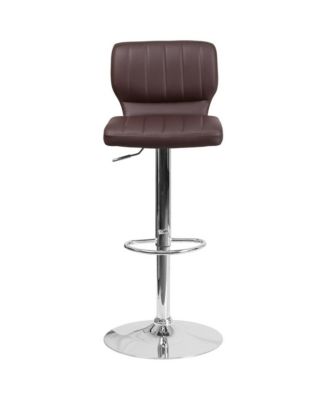 Set Of Two Swivel Bar Stools With Vertical Stitched Back And Adjustable Chrome Base With Footrest