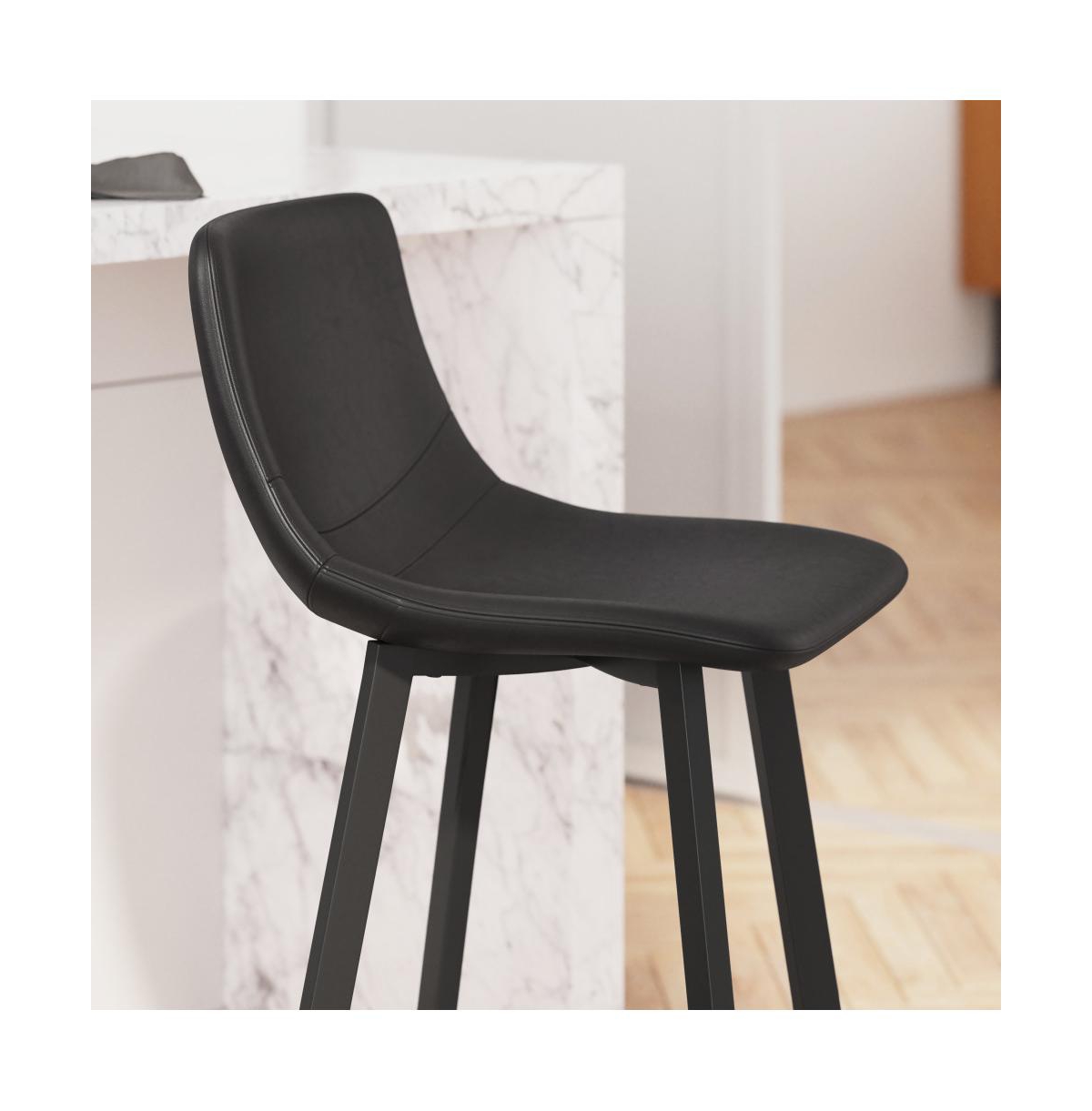 Oretha Set Of 2 Modern Upholstered Stools With Contoured, Low Back Bucket Seats And Iron Frames -black