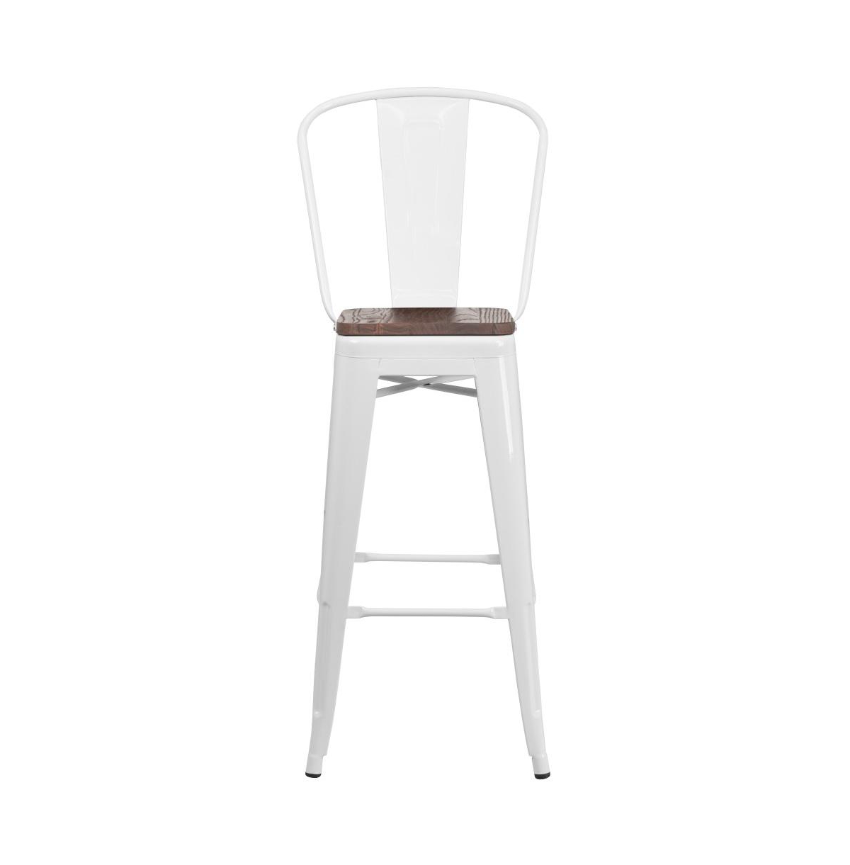 Merrick Lane Donnelly Metal Dining Stool With Curved Slatted Back And Textured Wood Seat