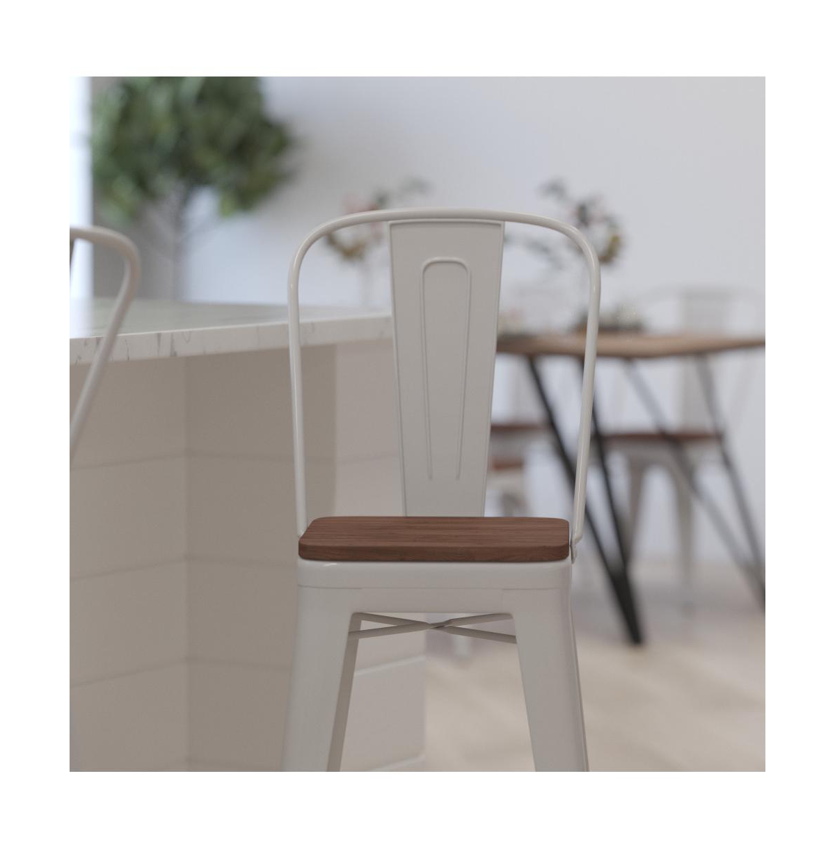 Merrick Lane Donnelly Metal Dining Stool With Curved Slatted Back And Textured Wood Seat