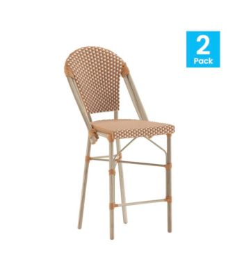 Celia Set Of Two Indoor/Outdoor Stacking Bistro Counter Stools With White And Gray Patterned Seats And Backs & Bamboo Finished Metal Frames
