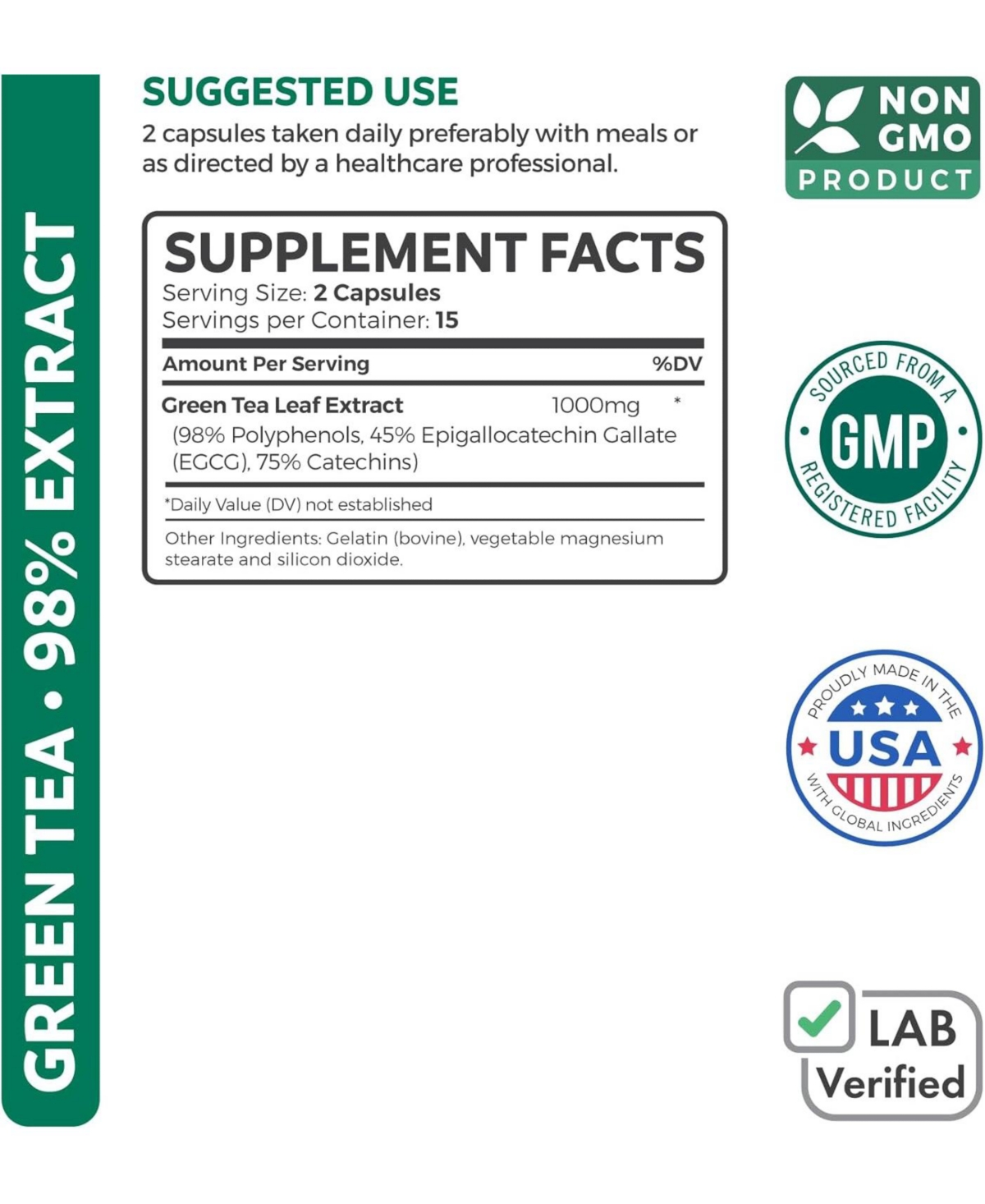 Healths Harmony Green Tea Extract Capsules, Natural Metabolism Boost - Leaf Polyphenol Catechins - Antioxidant Supplement, Health's Harmony, 30ct