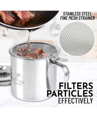 Stainless Steel Bacon Grease Container With Strainer, Lid & Handle