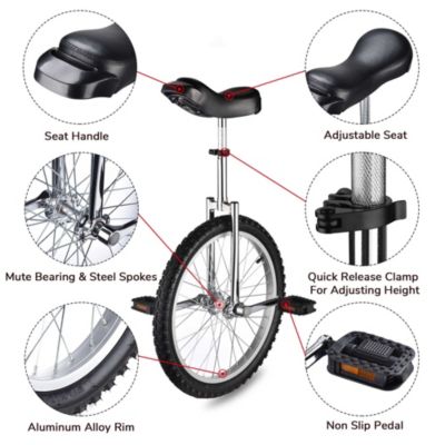 20 In Wheel Outdoor Unicycle Leakproof Butyl Tire Circus Bike Balance Training for Adults Teenagers Kids, Silver
