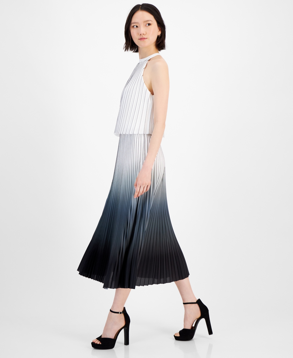 T Tahari Women's Ombre Pleated Midi Dress - Black  White