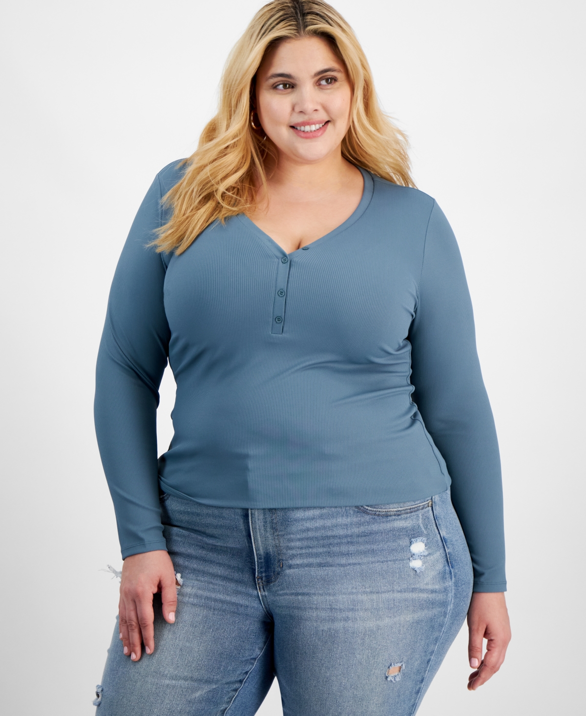 Trendy Plus Size Long-Sleeve Henley Top, Created for Macy's - North Atlantic