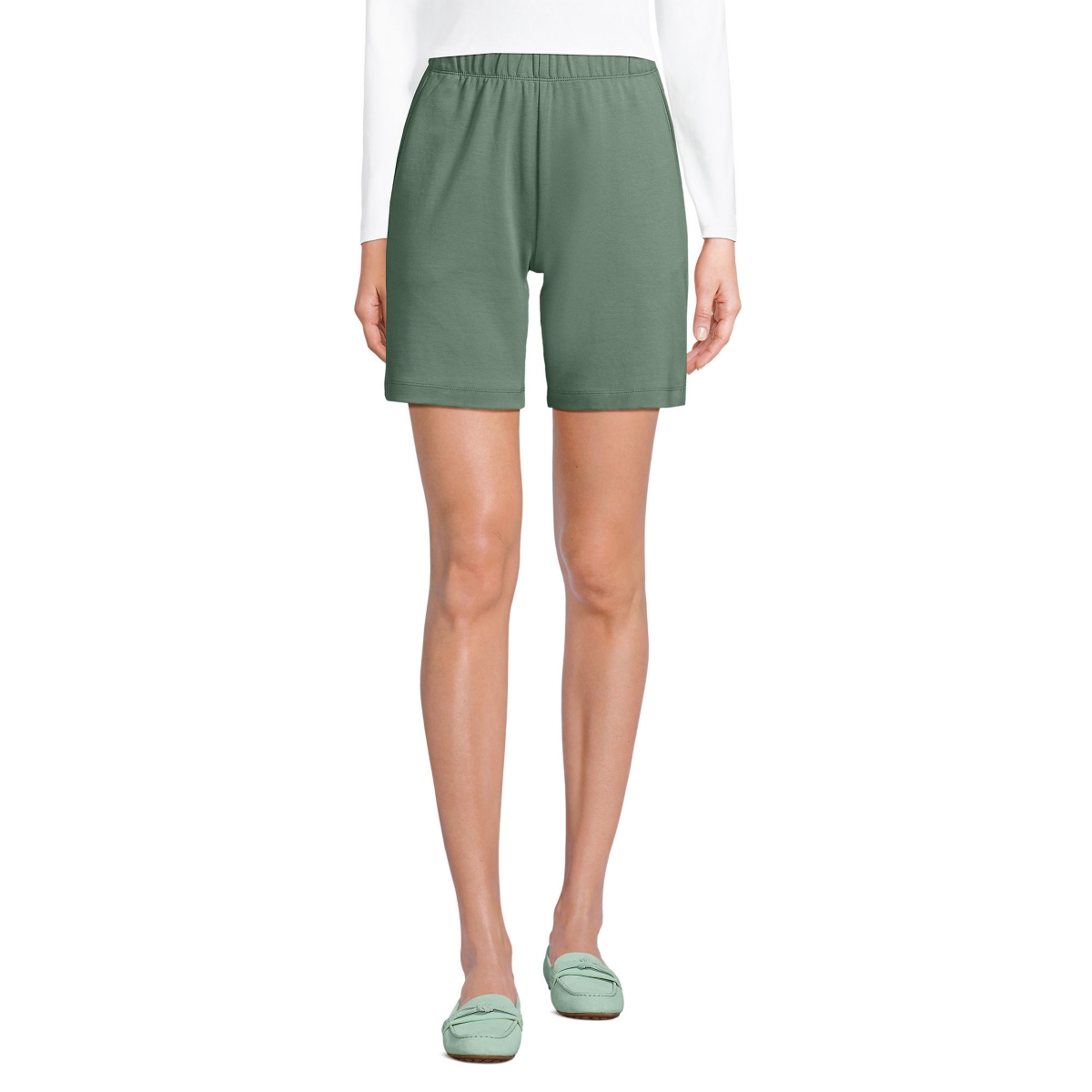 Petite Sport Knit High Rise Elastic Waist Shorts - Lily pad green