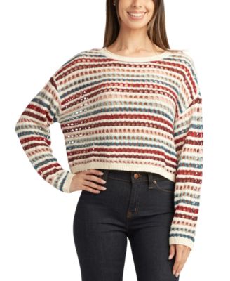 BCX - Juniors' Round-Neck Long-Sleeve Open-Knit Sweater