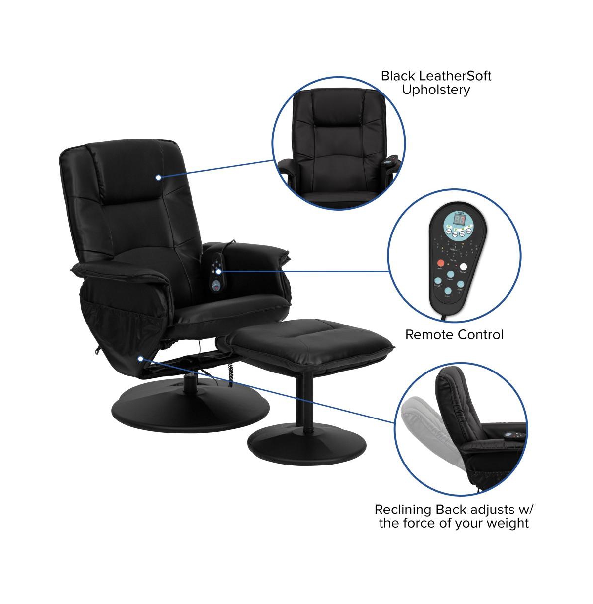 Massaging Multi-Position Recliner With Deep Side Pockets And Ottoman With Wrapped Base