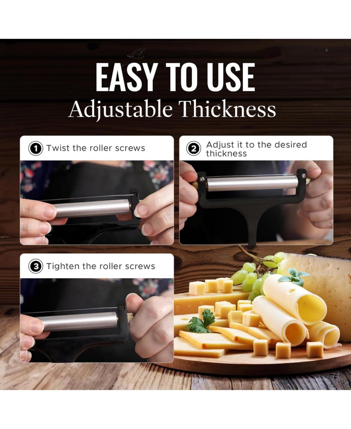 Zulay Kitchen Stainless Steel Wire Cheese Slicer - Adjustable Hand Held Cheese Cutter with 2 Extra Wires