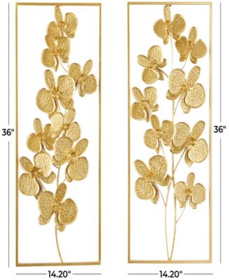by Cosmopolitan Gold Metal Orchid Floral Wall Decor with Gold Frame Set of 2 14"W, 36"H