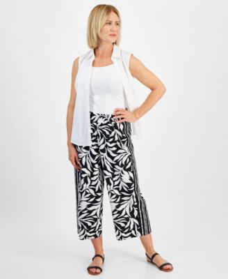 Style & Co - Petite Printed Mid Rise Cropped Wide Leg Linen-Blend Pants