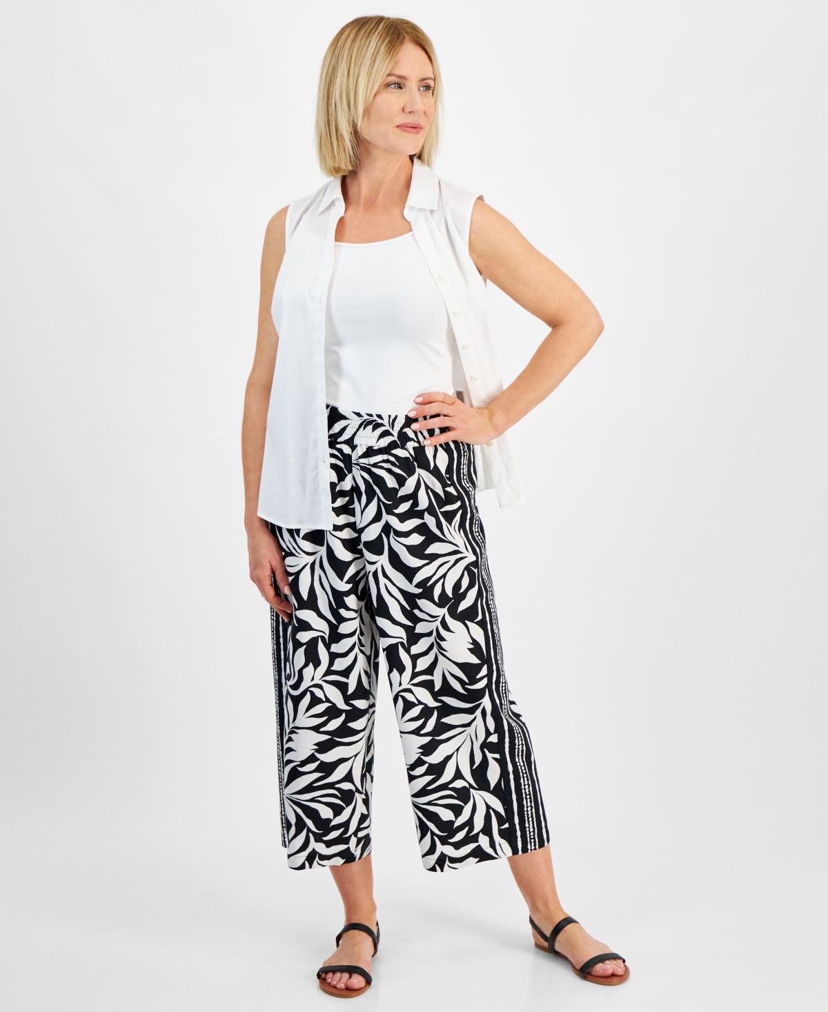 Petite Printed Mid Rise Cropped Wide Leg Linen-Blend Pants, Created for Macy's - Deep Black