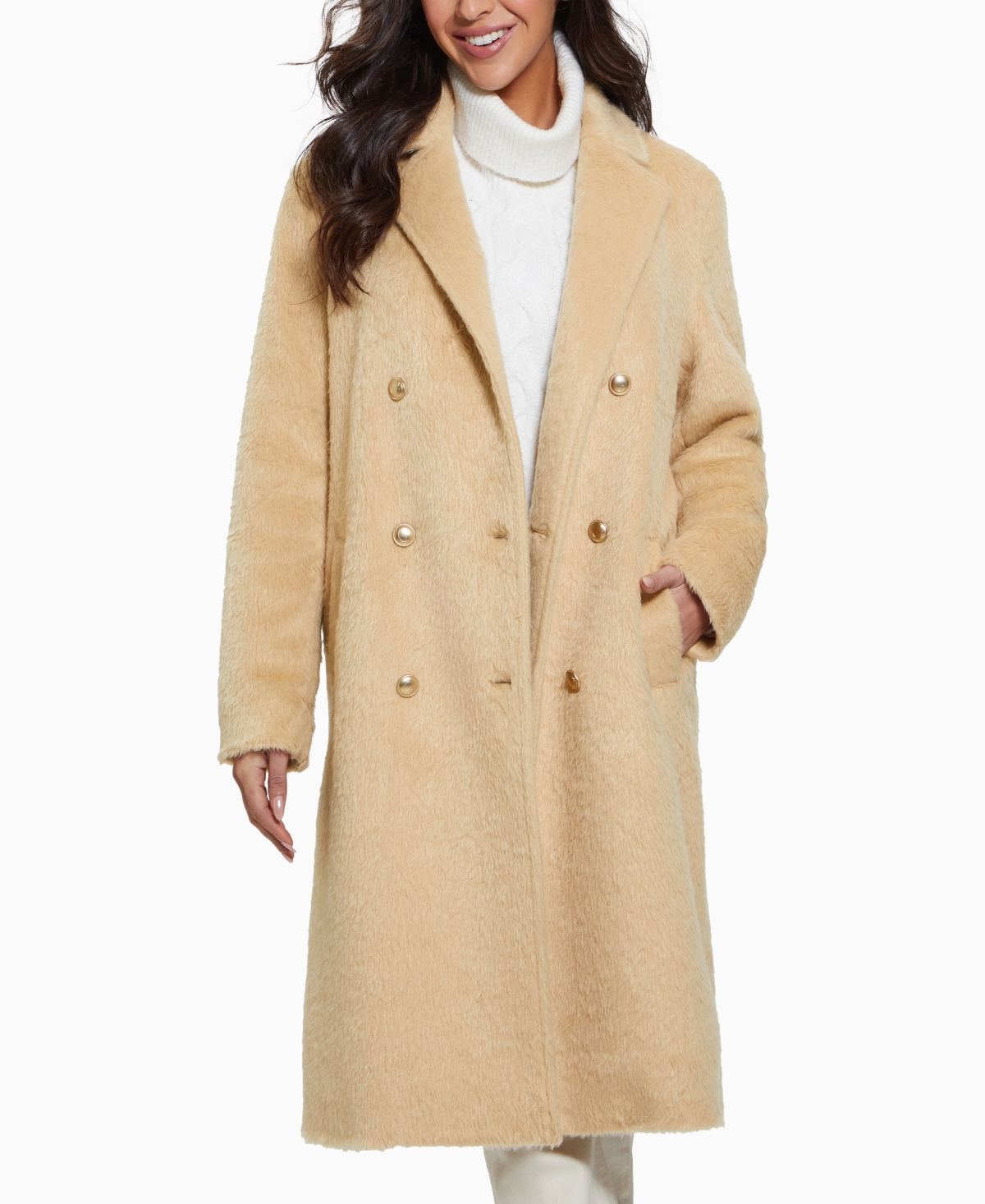 Guess Women's Textured Double-Breasted Notched-Collar Coat