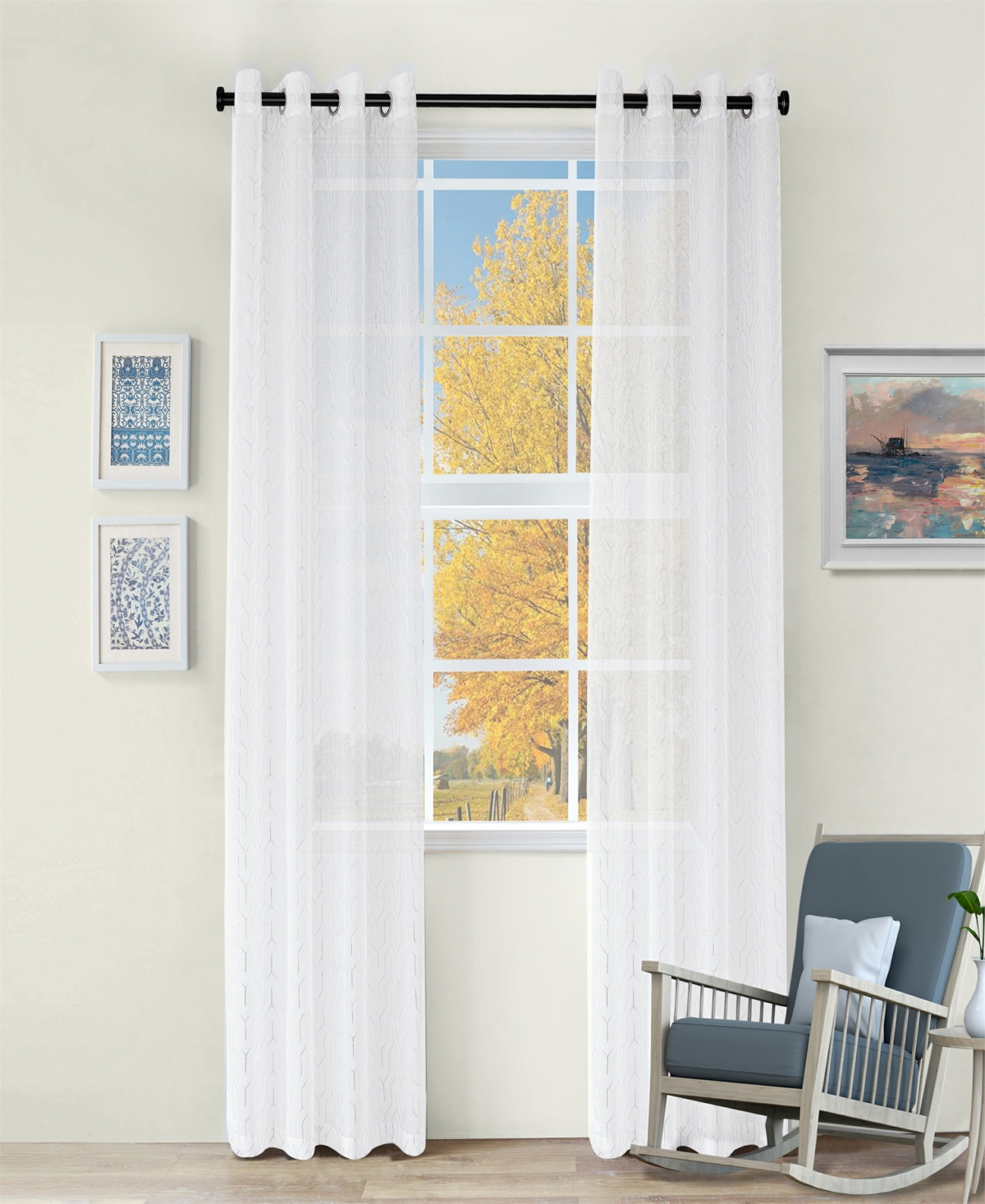 Modern Cormac Printed Sheer Wrinkle Resistant 2-Piece Curtain Set with Grommet Top Header, 52" X 96" - White