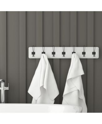 Enid 34 Inch Wall Mount Pine Wood Storage Rack With Hanging Hooks, Entryway, Kitchen, Bathroom