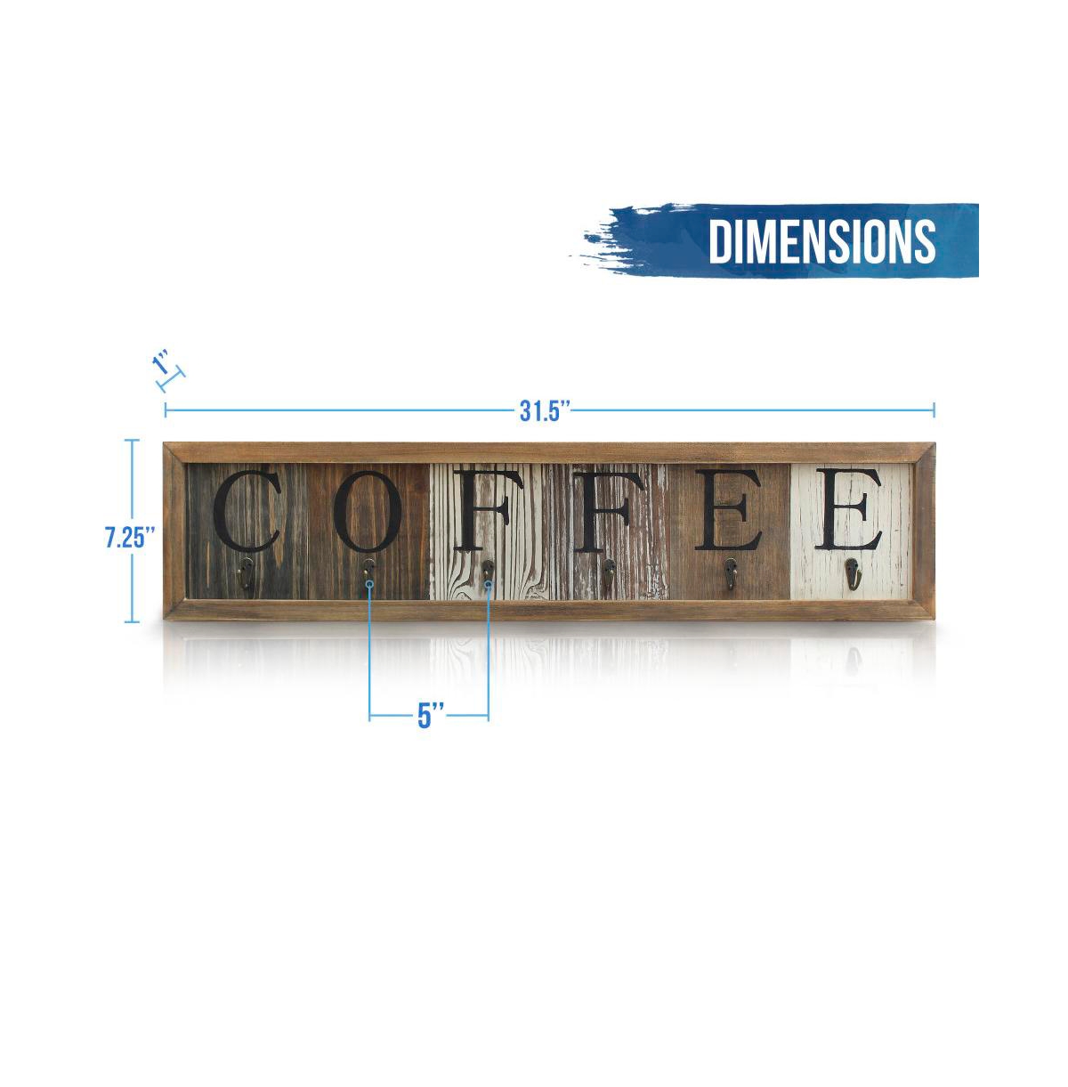 Rustic Coffee Mug Rack Wall Mounted, Printed Coffee Sign - 6 Coffee Cup Hooks - Wooden Coffee Mug Organizer - Distressed Coffee Rack Sign (31.5