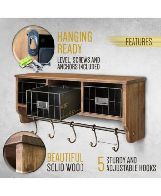 Rustic Coat Rack Wall Mounted Shelf With Hooks & Baskets, Entryway Organizer Wall Shelf With 5 Coat Hooks And Cubbies