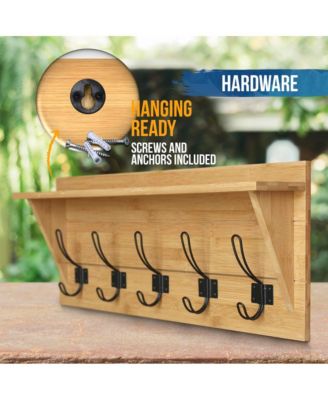 Rustic Wall-Mounted Coat Rack Shelf, 24" Solid Pine Wood with Hooks, Country Style for Entryway, Kitchen & Bathroom