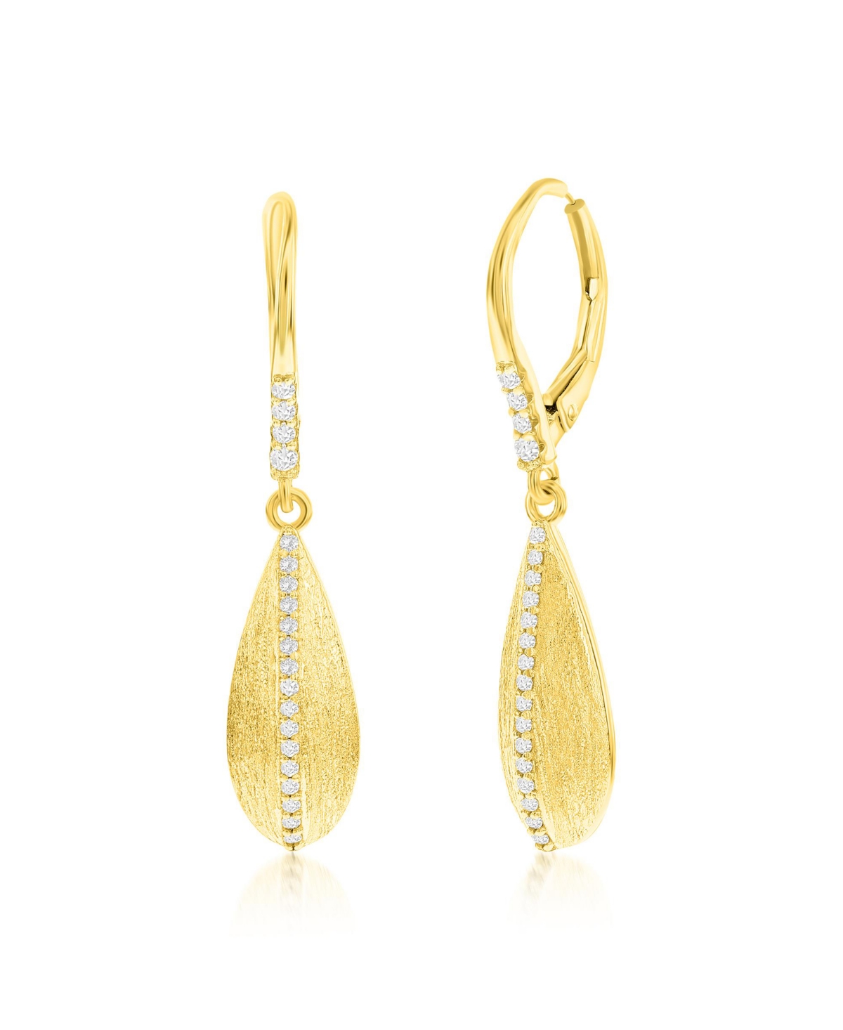 Gold Plated Over Sterling Silver Long Pear-Shaped Brushed Cz Earrings - Gold