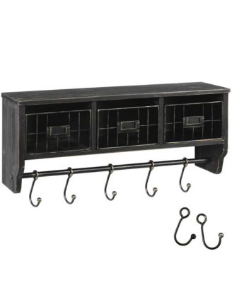 Rustic Coat Rack Wall Mounted Shelf With Hooks & Baskets, Entryway Organizer Wall Shelf With 5 Coat Hooks And Cubbies