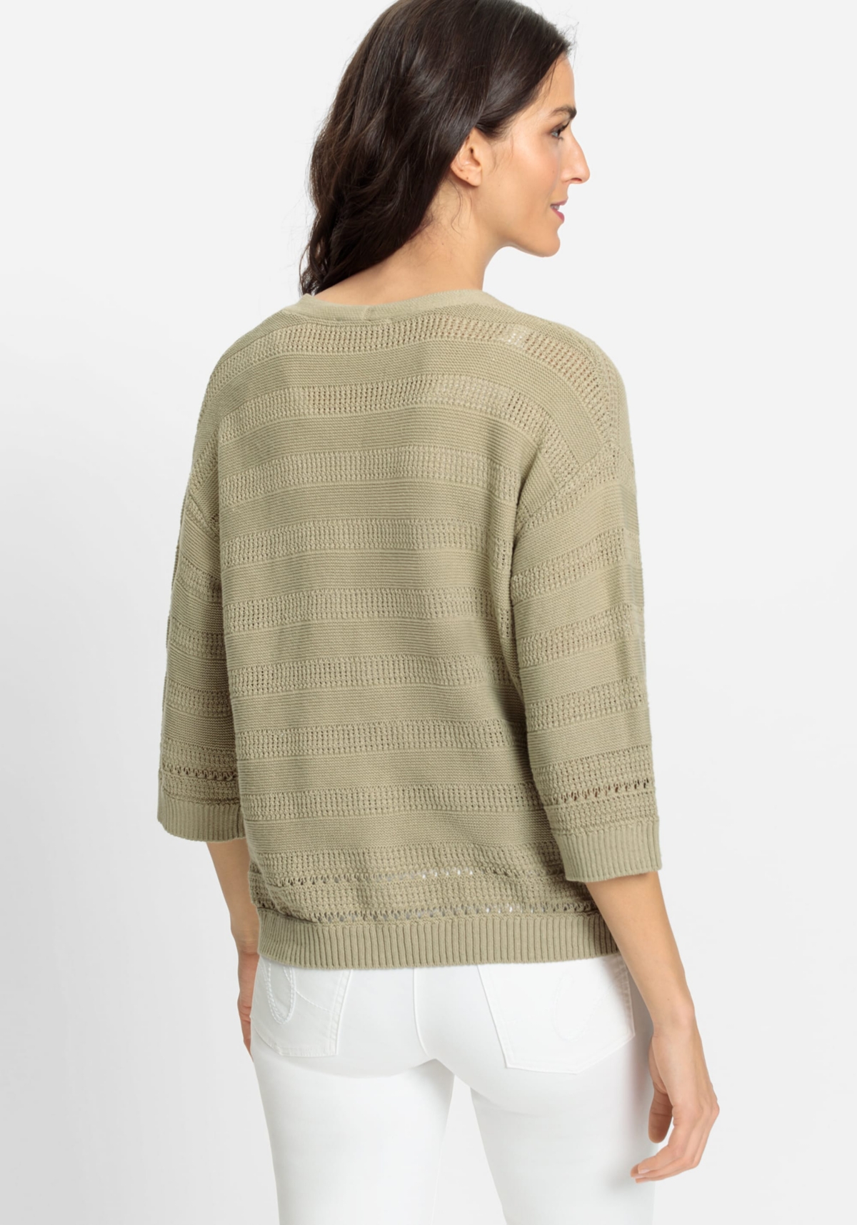Olsen Women's Cotton Linen Blend 3/4 Sleeve Crochet Stripe Cardigan