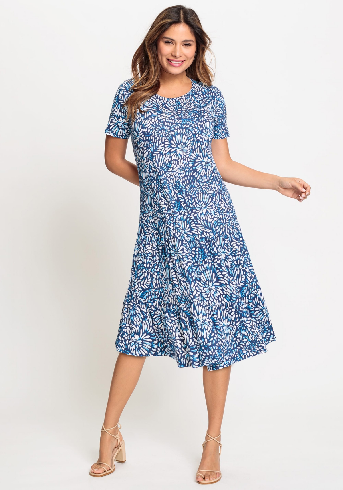 Women's Cotton Blend Short Sleeve Carnation Print Tiered Dress containing Tencel[Tm] Modal - Night blue