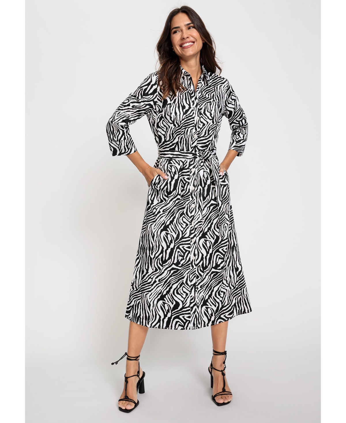Women's 3/4 Sleeve Zebra Print A-Line Midi Shirt Dress - Black