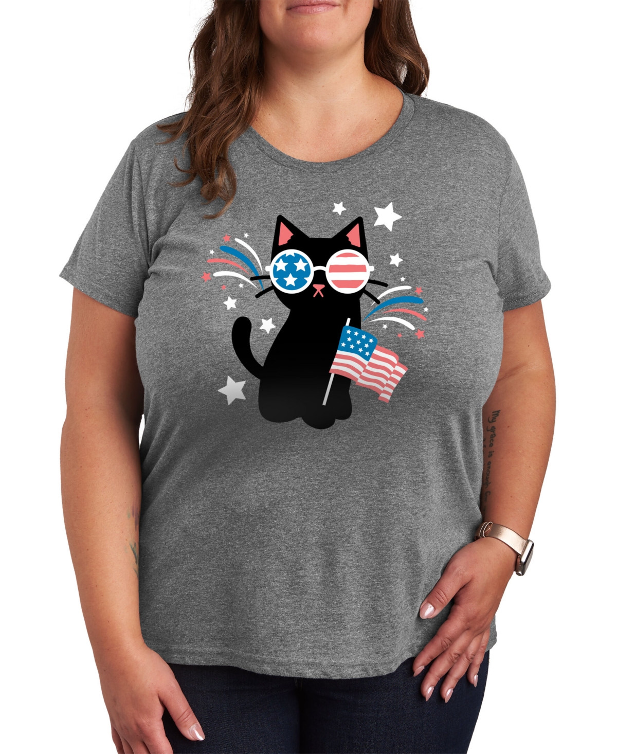 Shop Hybrid Apparel Trendy Plus Size Usa Cat Graphic T-shirt In Grey