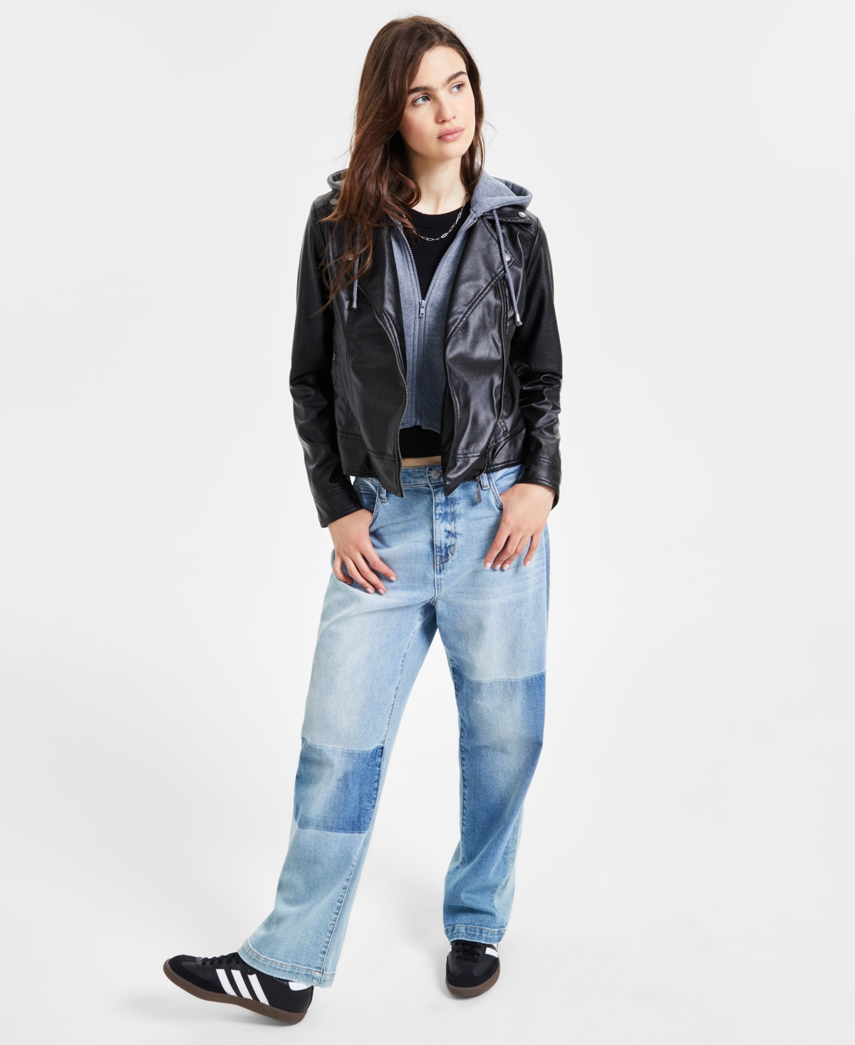 Jou Jou Juniors' Hooded Faux-Leather Moto Jacket, Created for Macy's