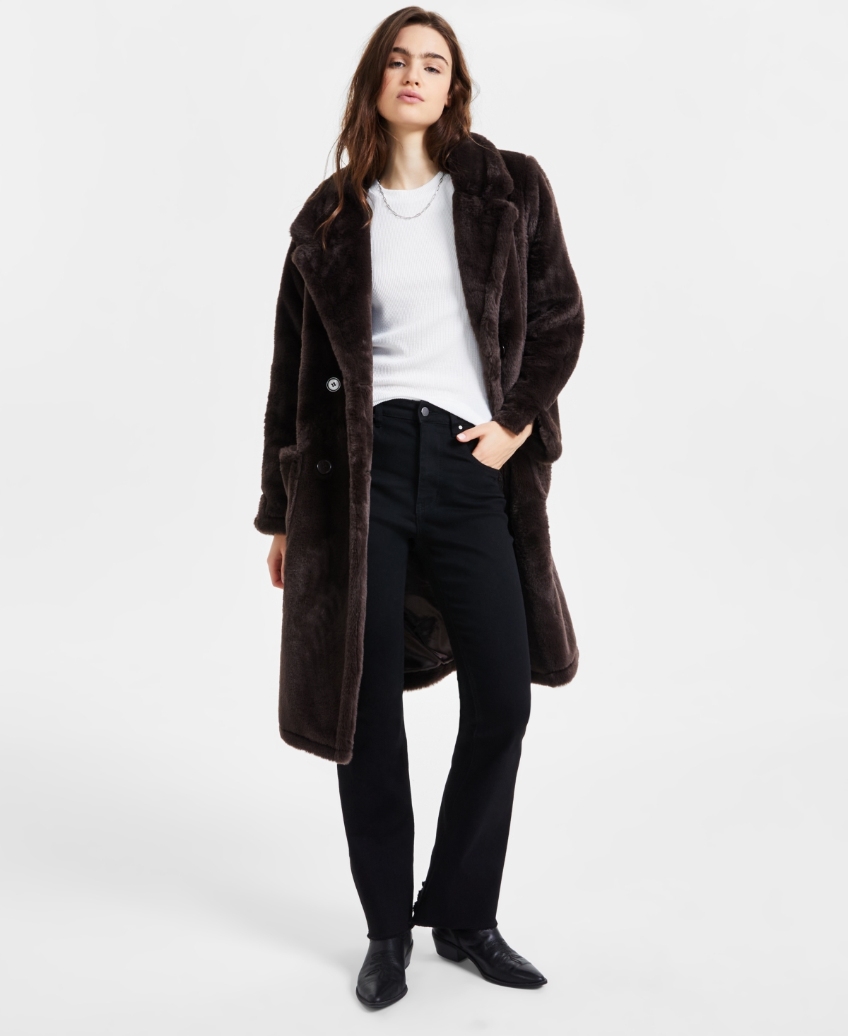 Jou Jou Juniors' Faux-Fur Double-Breasted Coat, Created for Macy's