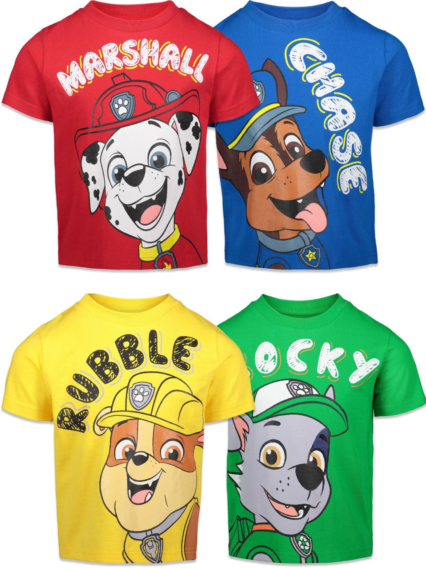 Футболки Paw Patrol Chase Marshall Rubble Rocky 4 Pack Graphic T-Shirts для мальчиков-малышей, цвет: Зелёный красный жёлтый синий — фото 1