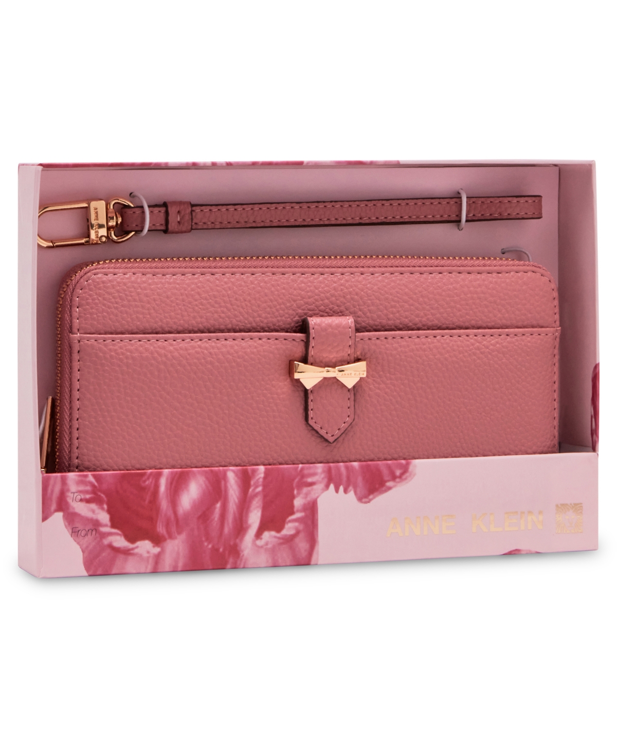 Shop Anne Klein Boxed Slim Zip Wallet With Bow Detail And Wristlet Strap In Dusty Pink