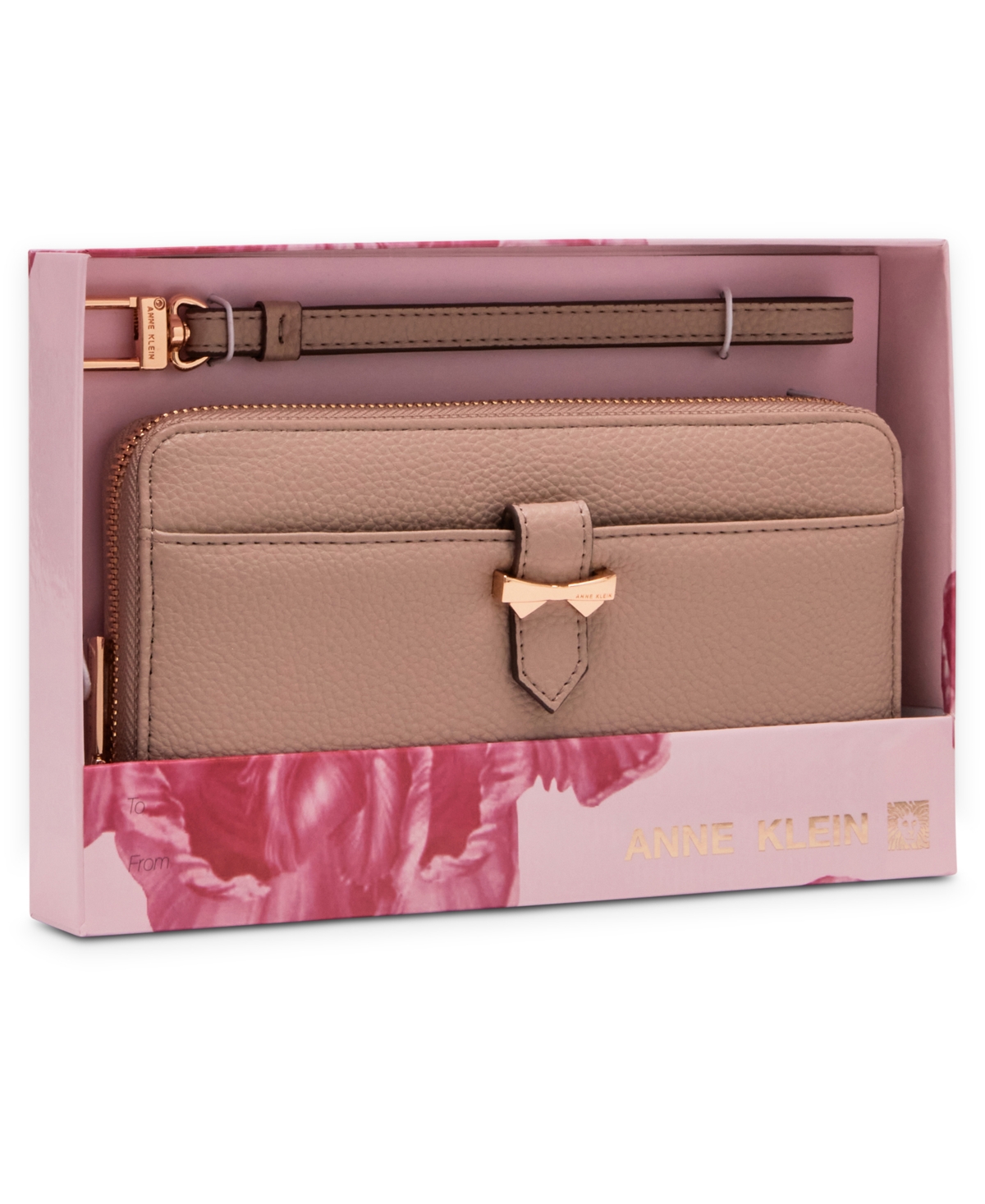 Shop Anne Klein Boxed Slim Zip Wallet With Bow Detail And Wristlet Strap In Stone