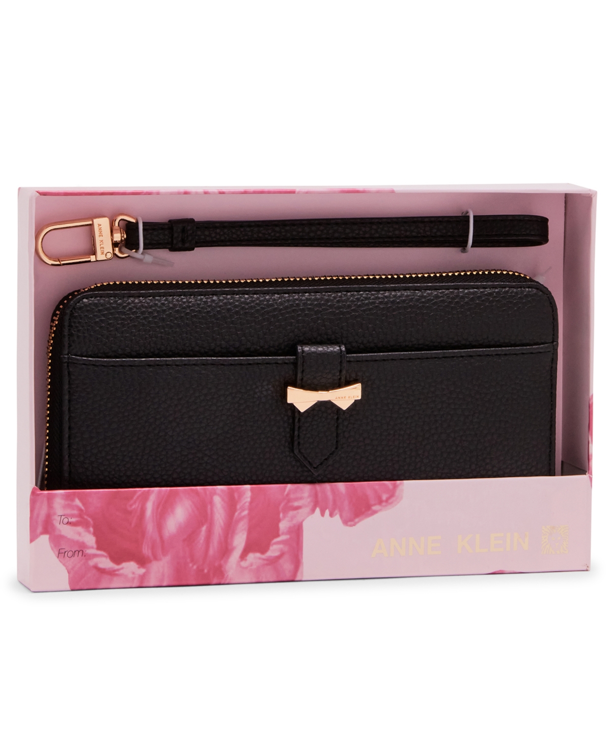 Shop Anne Klein Boxed Slim Zip Wallet With Bow Detail And Wristlet Strap In Black