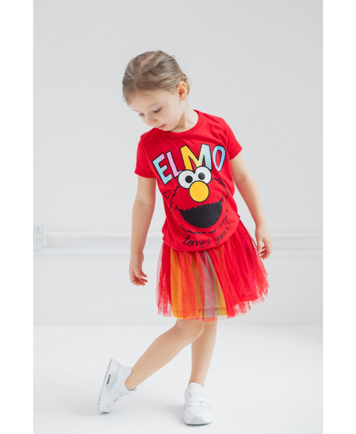 Sesame Street Toddler Girls Elmo Graphic T-Shirt Mesh Skirt and Scrunchie 3 Piece Outfit SetRainbow -rainbow