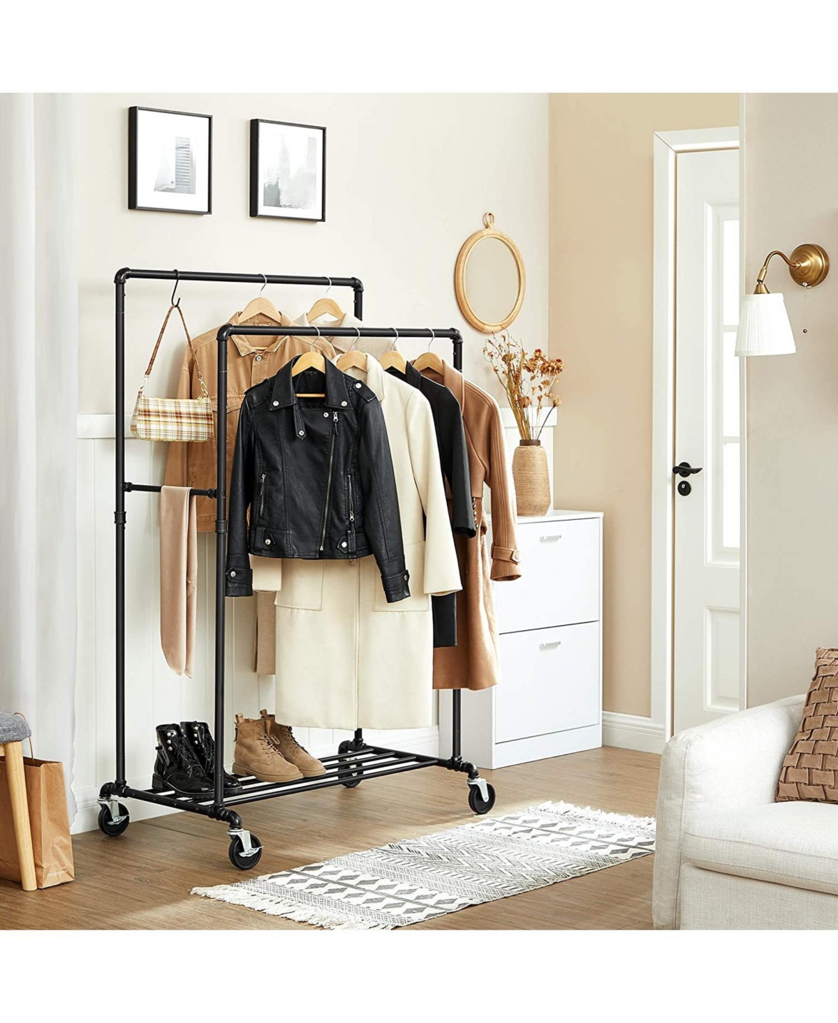 Slickblue Industrial Style Clothes Garment Rack on Wheels, Double Hanging Rod Metal Clothing Rack